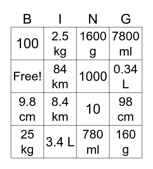 Stage 5 Math Bingo Card