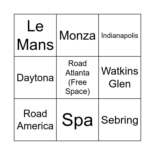 IMSA iRacing Bingo Card