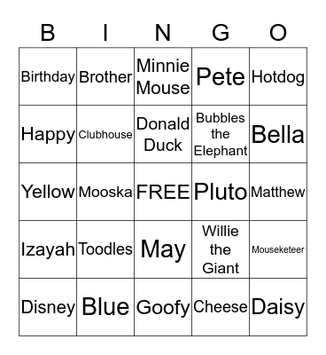 Izayah's 1st Birthday Bingo Card