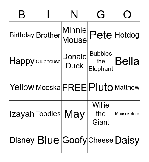 Izayah's 1st Birthday Bingo Card