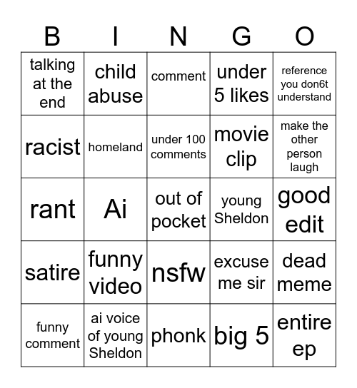 tiktok Bingo Card