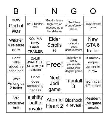 Summer Game Fest 2026 Bingo Card