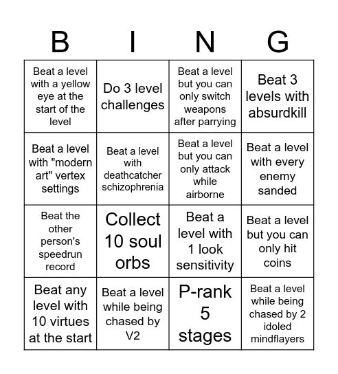 Ultrakill Bingo Card
