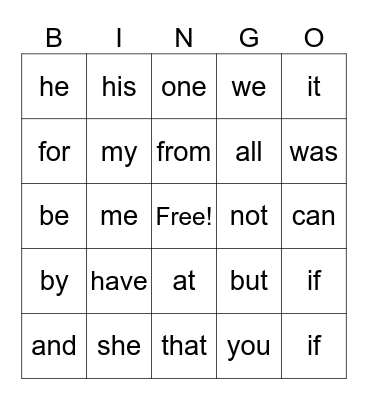 Sight word Fun Bingo Card