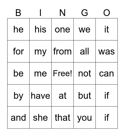 Sight word Fun Bingo Card