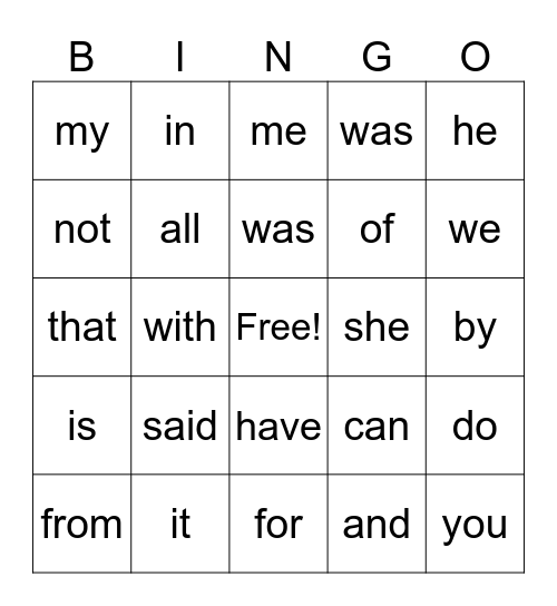 Sight Word Fun Bingo Card