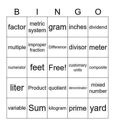 Math Vocab Bingo Card