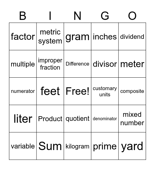 Math Vocab Bingo Card