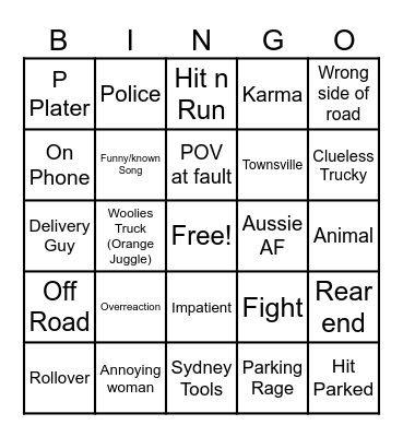 DASH CAM Bingo Card