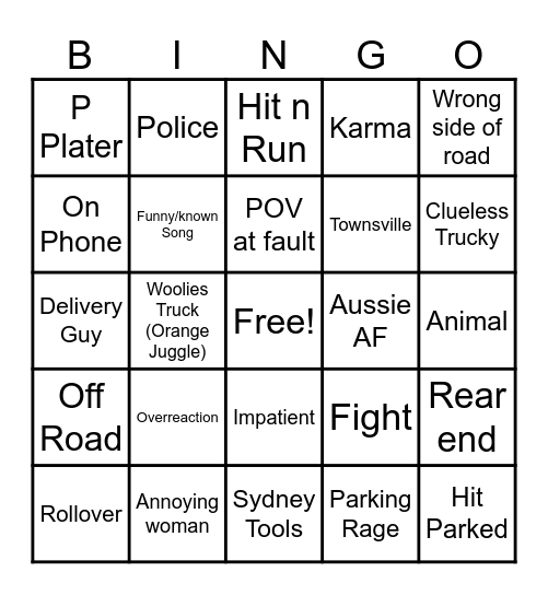 DASH CAM Bingo Card