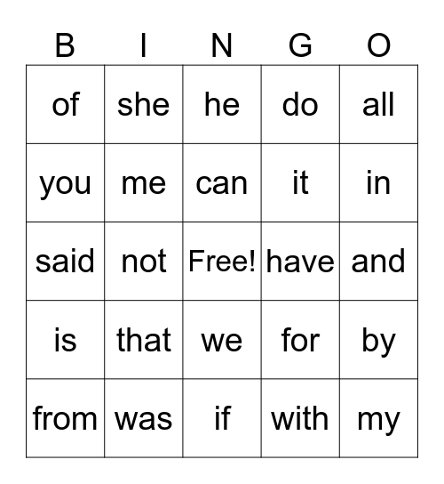 Sight Word Fun Bingo Card