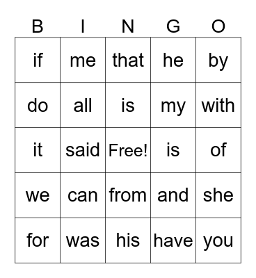 Sight Word Fun Bingo Card