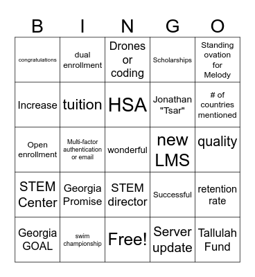 Post-Planning BINGO Card