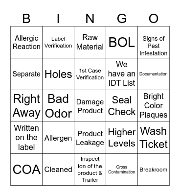 Allergen Bingo Card