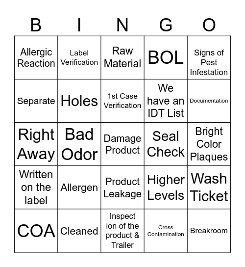 Allergen Bingo Card