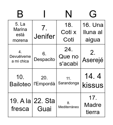 Ringo Musical Bingo Card