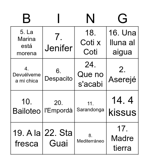 Ringo Musical Bingo Card