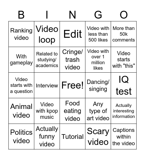 Youtube shorts bingo Card