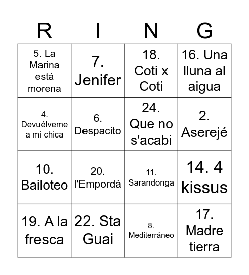 Ringo músical Bingo Card