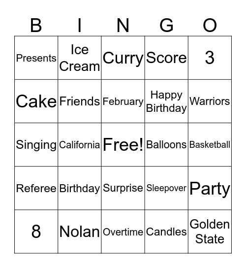 Nolan's 8th Birthday Bingo Card