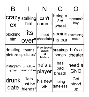 Broken Heart Bingo Card