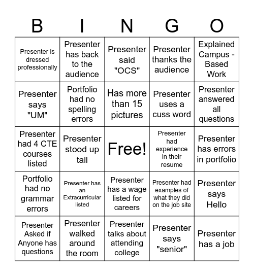 PORTFOLIO BINGO Card