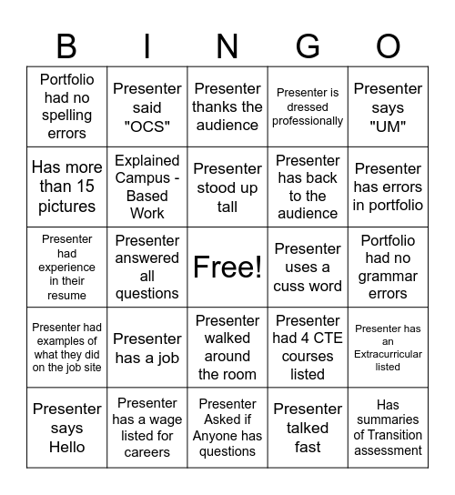 PORTFOLIO BINGO Card