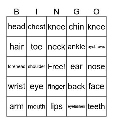 Body Parts Bingo Card