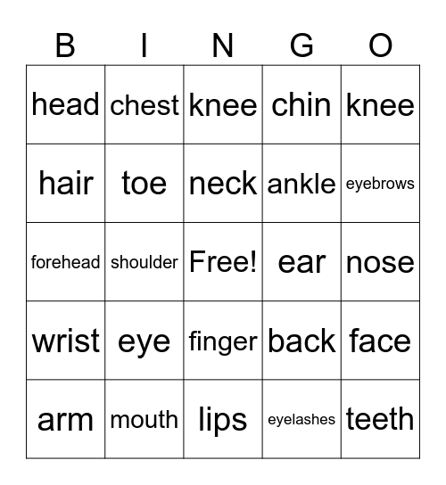 Body Parts Bingo Card