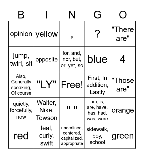 Writing Bingo Card