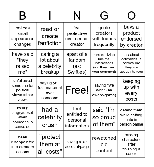 How parasocial are you? Bingo Card