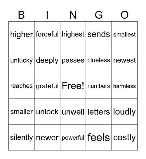 Prefix/ Suffix Bingo Card