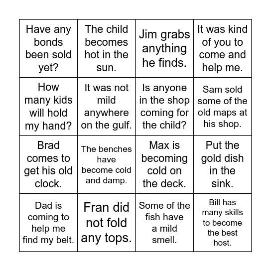 Wilson 2.3 Sentence Bingo Card