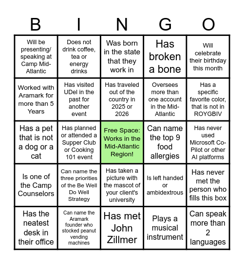 Camp Mid-Atlantic Bingo Card
