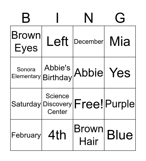 Abbie Bingo Card