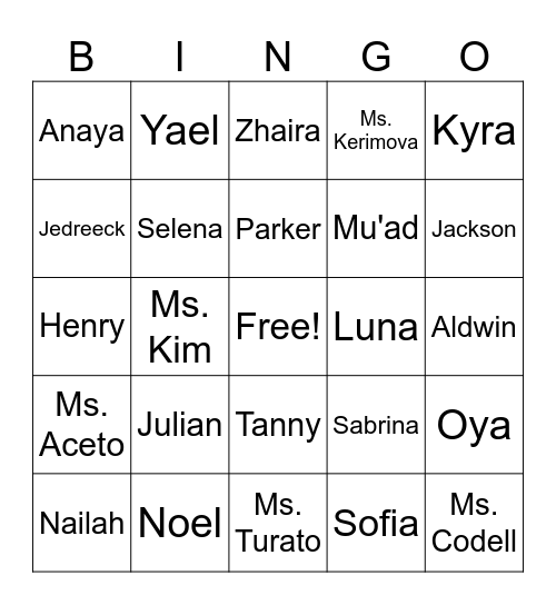 Ms. Kim's Class Bingo Card