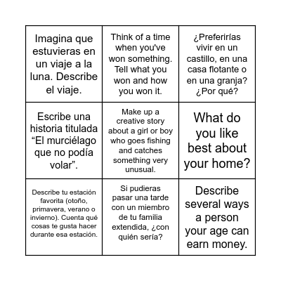 Writing Prompts Bingo Card