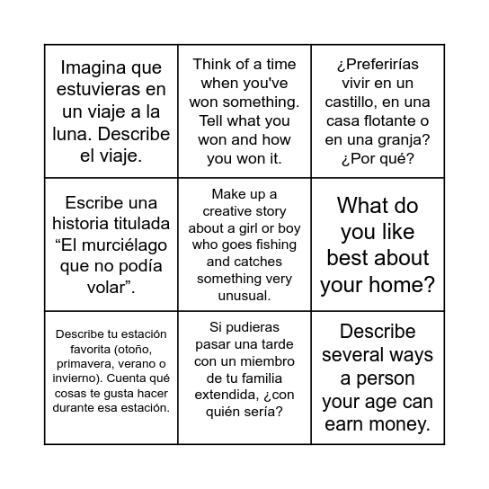 Writing Prompts Bingo Card