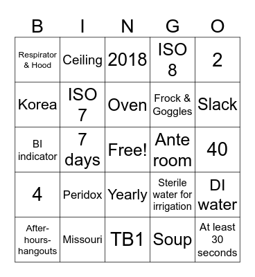 Sterile Bingo Card