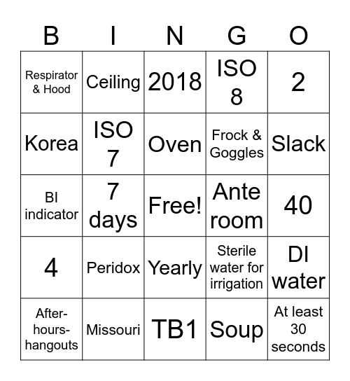 Sterile Bingo Card