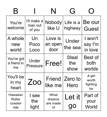Disney Music Bingo Card