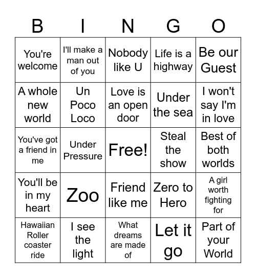 Disney Music Bingo Card