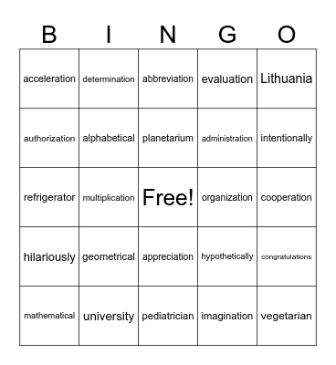5-SYLLABLE-WORD BINGO Card