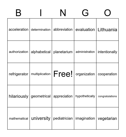 5-SYLLABLE-WORD BINGO Card