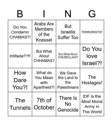 Debating with A Zionist Bingo Card