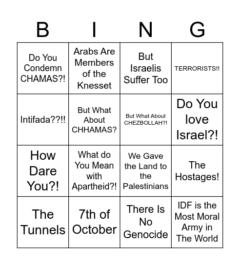 Debating with A Zionist Bingo Card