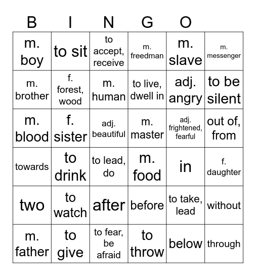 Latin IB Comp Bingo Card