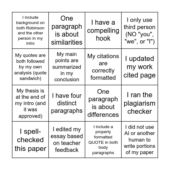 Informative Essay Checklist Bingo Card