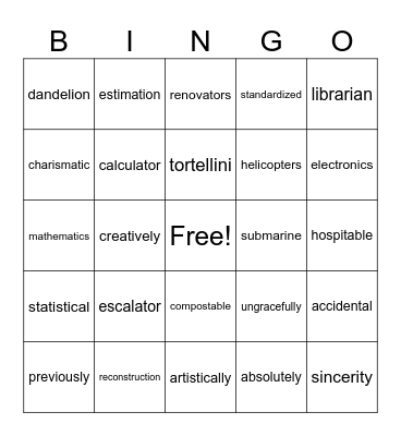 4 syllable words with consonant clusters Bingo Card
