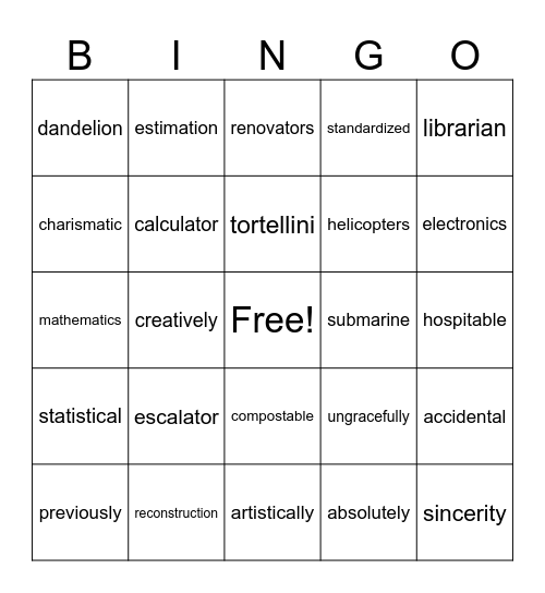 4 syllable words with consonant clusters Bingo Card